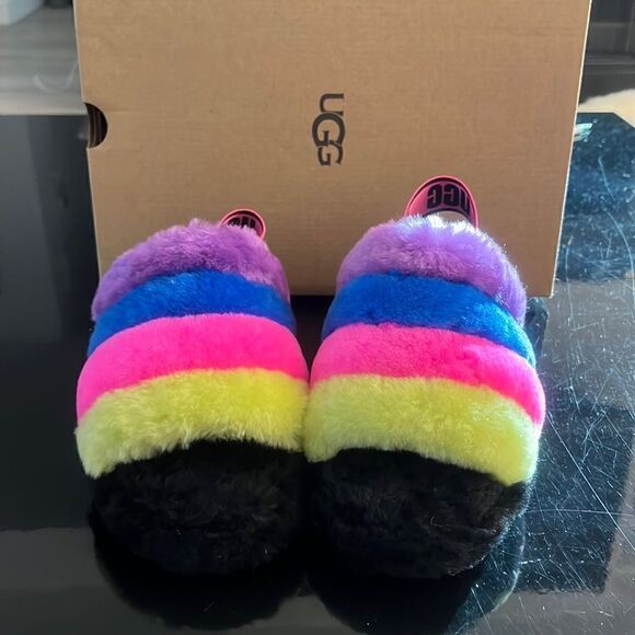 UGG Fluff yeah faux fur slingback colorful sandals 7 - Picture 1 of 10